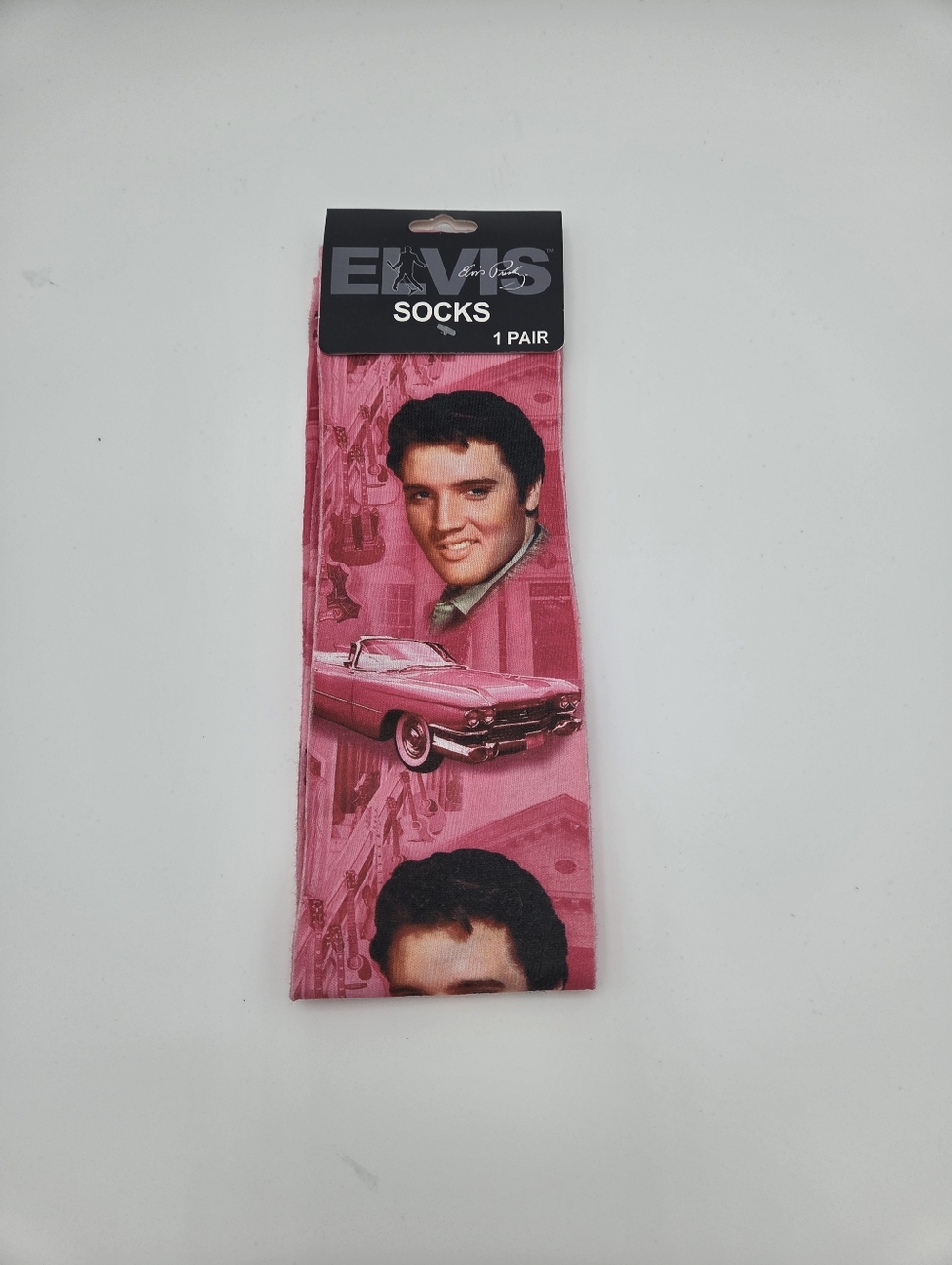Elvis Branded Pink Novelty Crew Socks with Cadillac Iconic Portraits Size OS